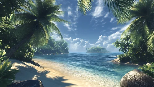 Tropical Coastal Cove with Palm Fronds and Island View.
