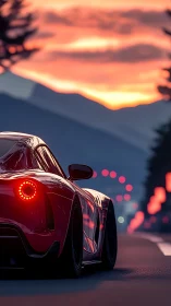 Aerodynamic red supercar accelerates along sunset mountain road