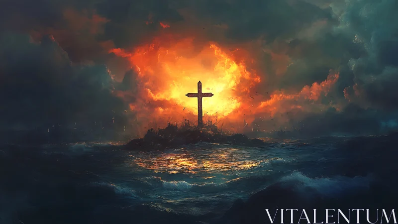 Cross structure stands on rocky islet amid turbulent seascape