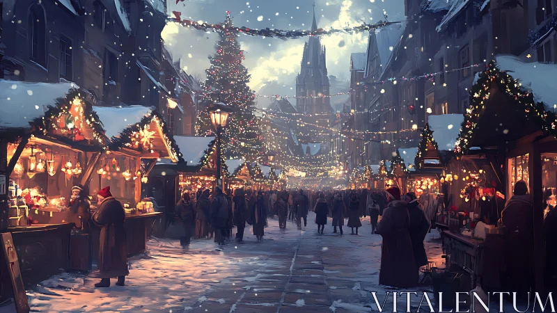 Snowy European Christmas market glows with festive lights.