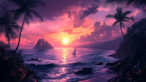 Neon-infused tropical seascape renders a cinematic twilight horizon
