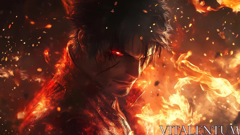 Fiery male character portrait in intense orange flames.