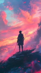 Solitary figure with sword stands before saturated sky