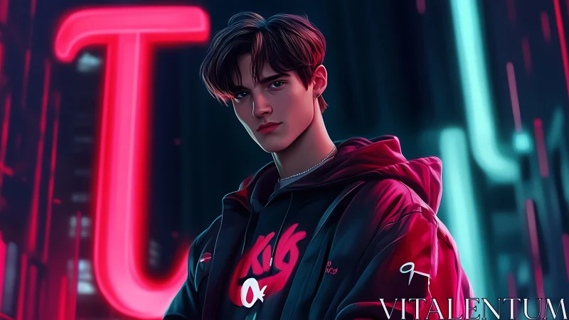 Brooding neon city youth stands in vibrant cyber glow.