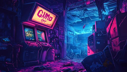 Neon graveyard of arcade dreams in a decaying cyber alley.