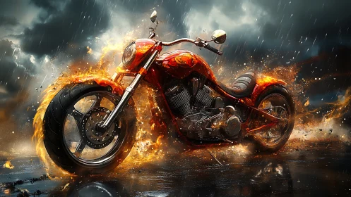 Firestorm road beast roaring through a stormy nightscape.