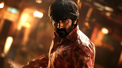 Intense bearded man in cinematic warm studio lighting.