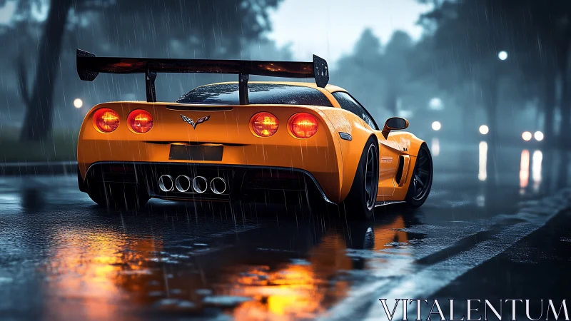 Yellow sports car accelerates on wet night city street