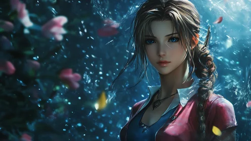 Fantasy heroine with braid in glowing blue forest scene.