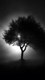 Backlit tree silhouette isolates against dense nocturnal fog