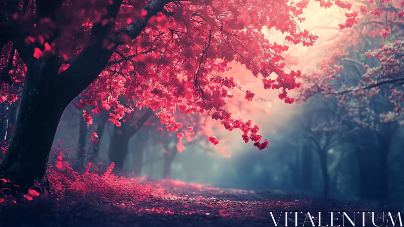 Crimson forest path under soft misty morning light.