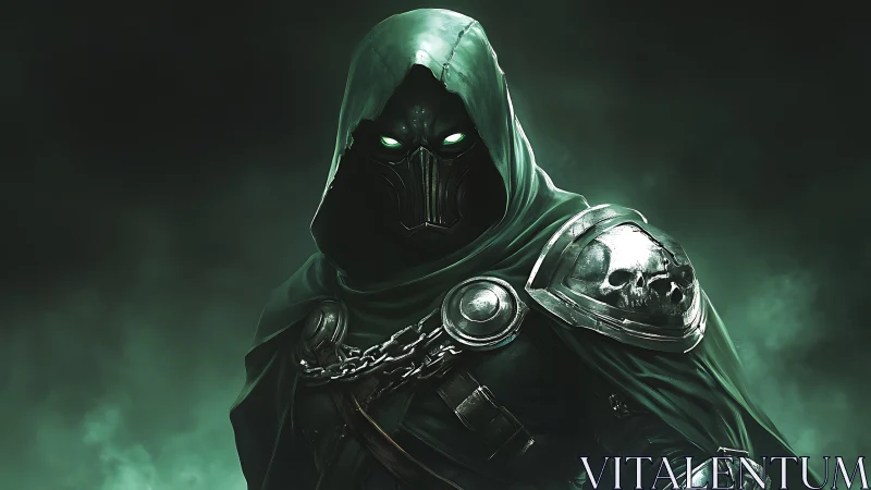Cloaked specter knight in emerald misted battlefield portrait.