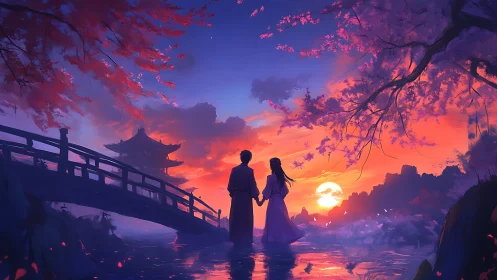Romantic silhouettes on bridge at sunset in cherry blossom grove