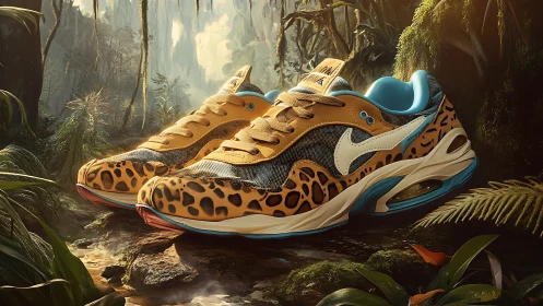 Leopard-Print Athletic Footwear in Jungle Ecosystem.