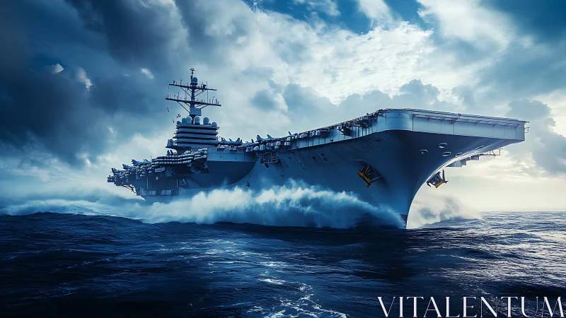 Aircraft carrier cuts through turbulent sea in cinematic light
