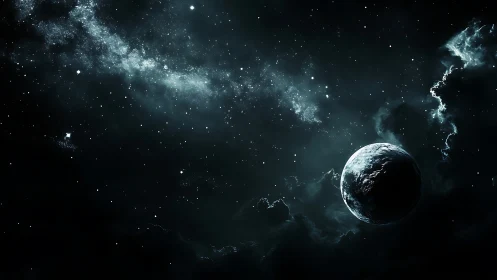 Lonely blue planet drifts through a cold, star-filled cosmos