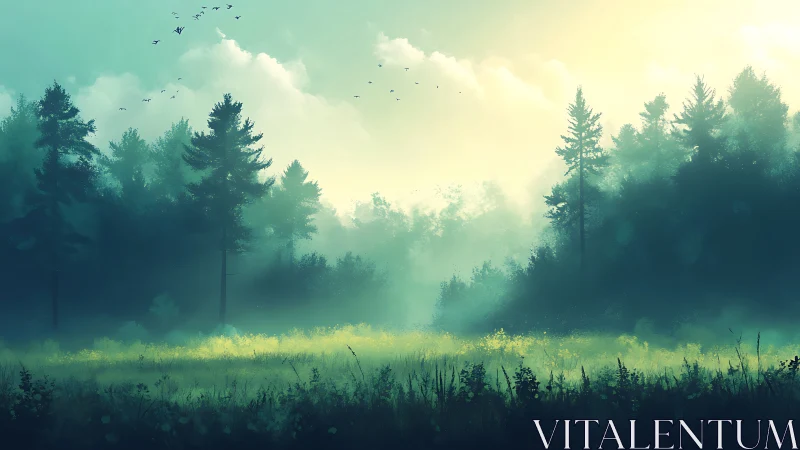 Misty Forest Clearing at Dawn with Golden Light and Atmospheric Haze.