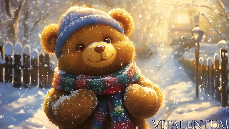 Snowlit teddy wanderer wrapped in cozy winter wonder.