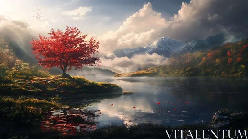Crimson tree whispering dawnlight beside misty mountain lake.