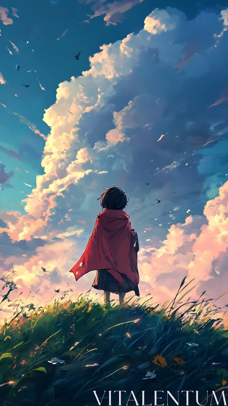 Solitary child in red cape gazes toward towering dream clouds