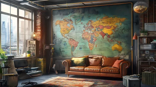 Industrial loft interior with vintage world map feature wall.
