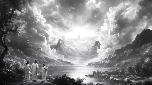 Monochrome celestial valley with robed figures and radiant citadel