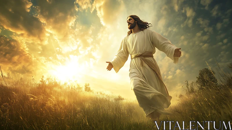 Dramatic digital vision of robed figure walking through radiant field