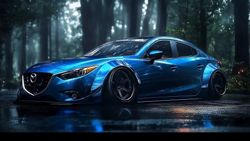 Low-slung blue sedan gleaming on wet forest road at night.