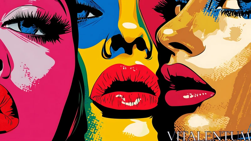 Chromatic kiss chorus of glossy lips and neon gazes.