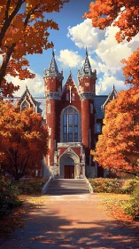 Gothic revival campus hall framed by luminous autumn foliage