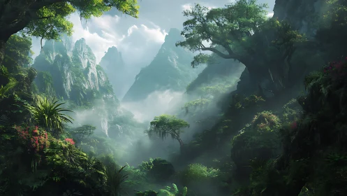 Misty Canyon Dreams: Where Ancient Peaks Embrace Verdant Mystery
