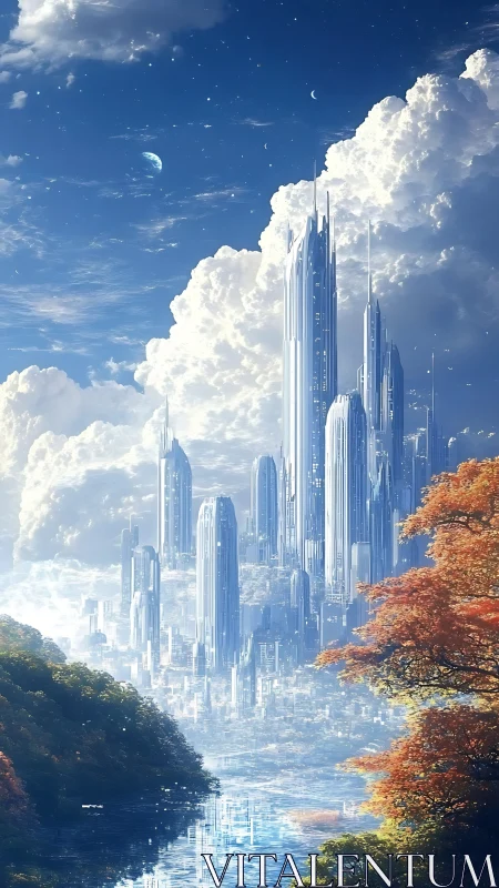 Skybound crystal city rising above reflective river valley.