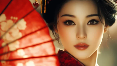 Digital portrait of elegant woman with red floral fan.