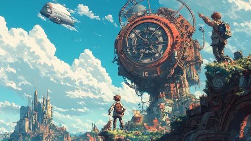 Skybound clocktower city and two young wanderers in awe.