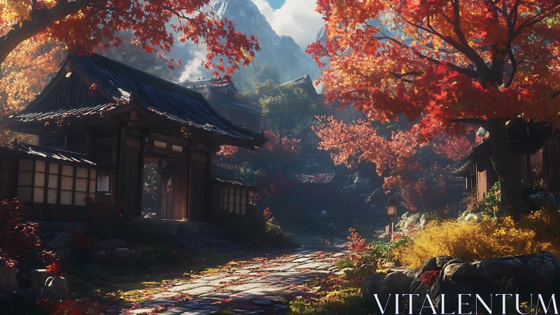 Quiet autumn path through a hidden mountain village.