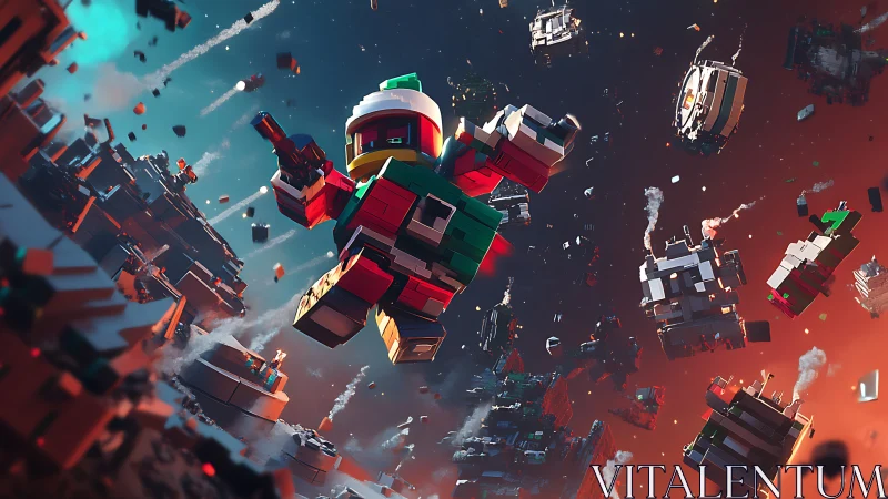 Toy astronaut rockets through a festive blocky space war