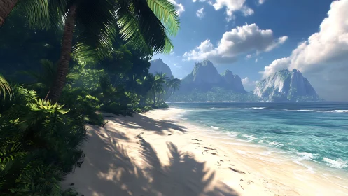 Coastal landscape with volcanic peaks and tropical vegetation.