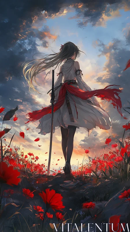 Swordbearer stands over crimson field at burning sunset.