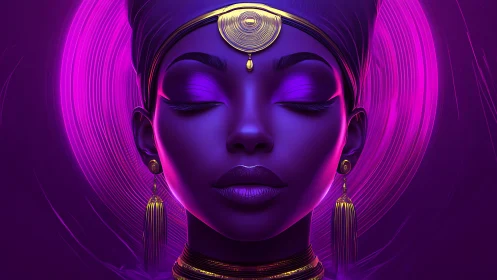 Regal neon portrait of serene woman with golden jewelry.