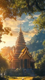 Sunlit tiered temple stands amid dense tropical forest canopy