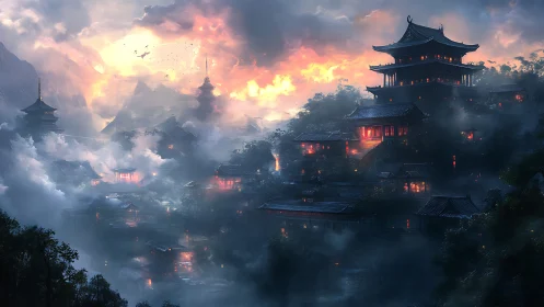 Mystic mountain temple city glowing through storm clouds.