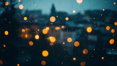 Rain-streaked window frames soft urban bokeh lights.