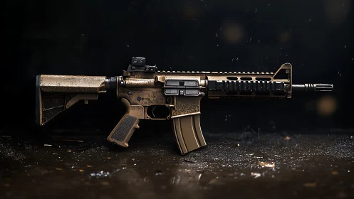 Tactical rifle in wet studio setting with cinematic lighting.