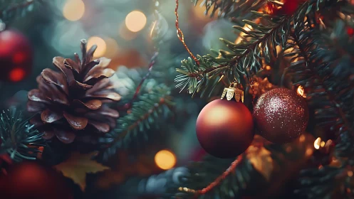 Copper glow ornaments and pinecone in storybook holiday bokeh.