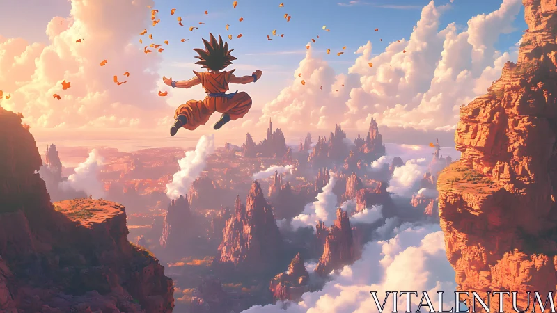Anime warrior soaring above sunlit canyon cloudscape