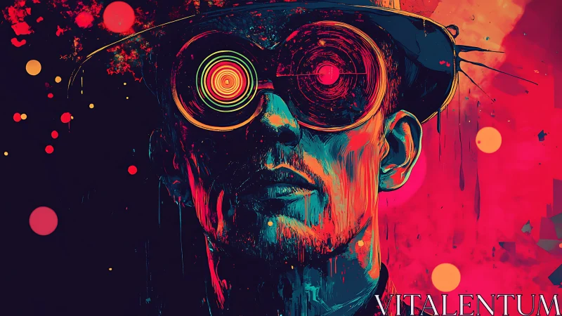 Cyberpunk man in neon goggles stares through glitching reality.