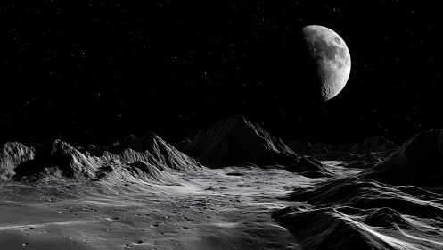 Silver lunar ridges bask beneath a watchful crescent moon.