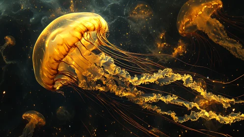 Luminescent jellyfish swarm in nebular aquatic suspension.