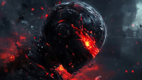 Burning cybernetic skull in dark sci fi battlefield.