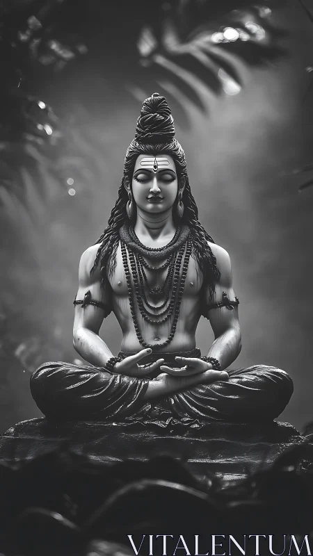 Monochrome meditative deity statue in chiaroscuro composition.